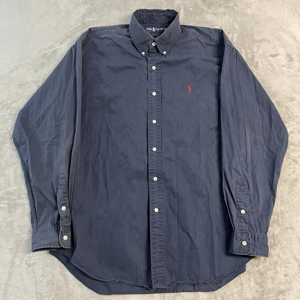 Ralph Lauren Blake Button Front Shirt Navy Logo Mens Large Long Sleeve Cotton